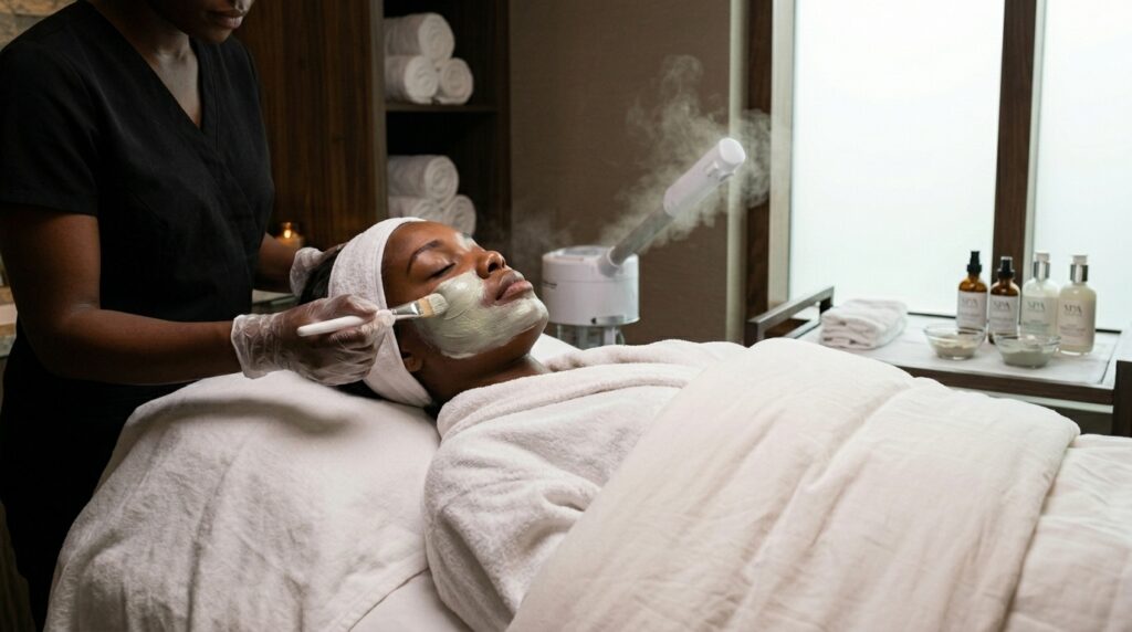 a Beauty By Daz client receiving a facial treatment at a spa