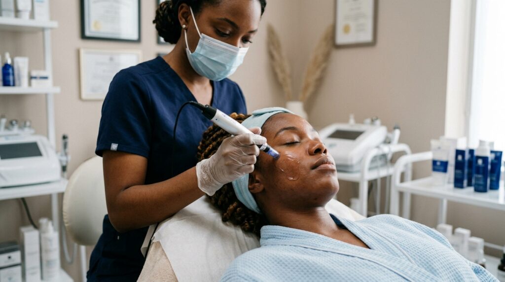 image showing a lady doing a microneedling facial