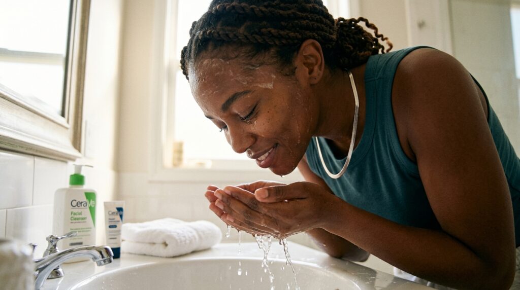 Image showing a woman washing her face for the 7 days glowing skin challenge