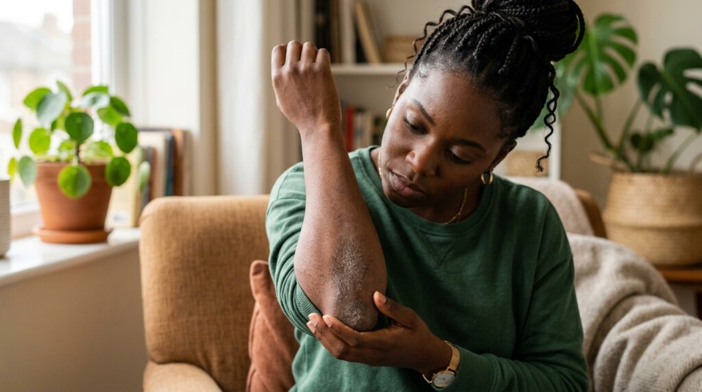 Image showing a lady in need of the best body lotion for dry skin in Nigeria
