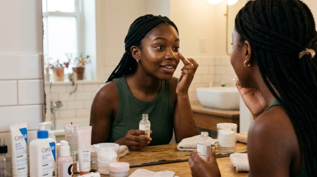 Lady trying out the beginner skincare routine learned from Beauty By Daz