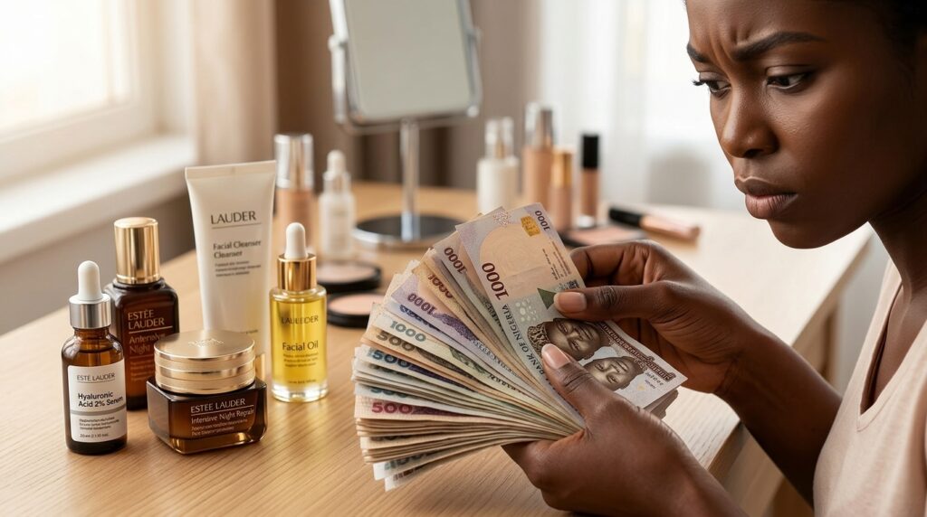 Woman counting Nigerian naira beside skincare products on a vanity table while planning her affordable skincare routine