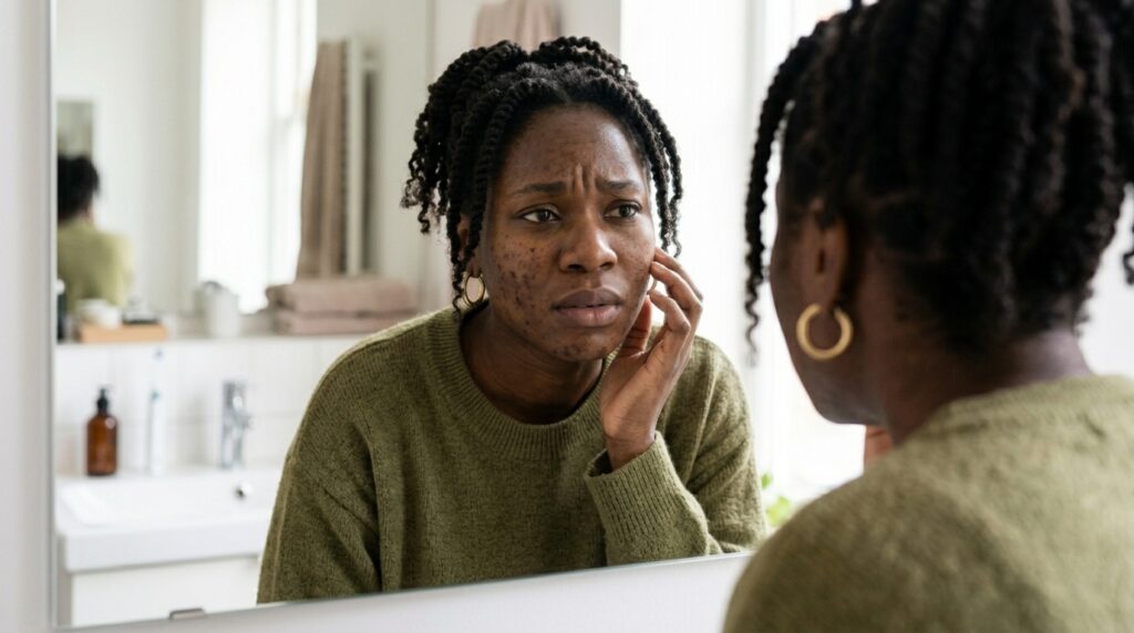 Image showing a lady wondering what dark spot serum she can use to clear her dark spots