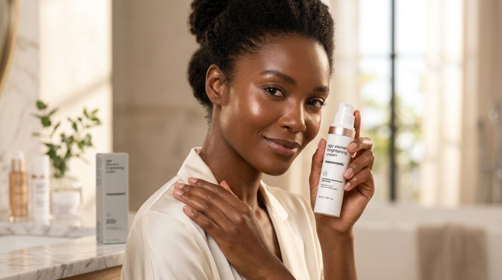 image showing a woman using Mesoestetic Age Element Brightening Cream, one of the best face cream for glowing skin