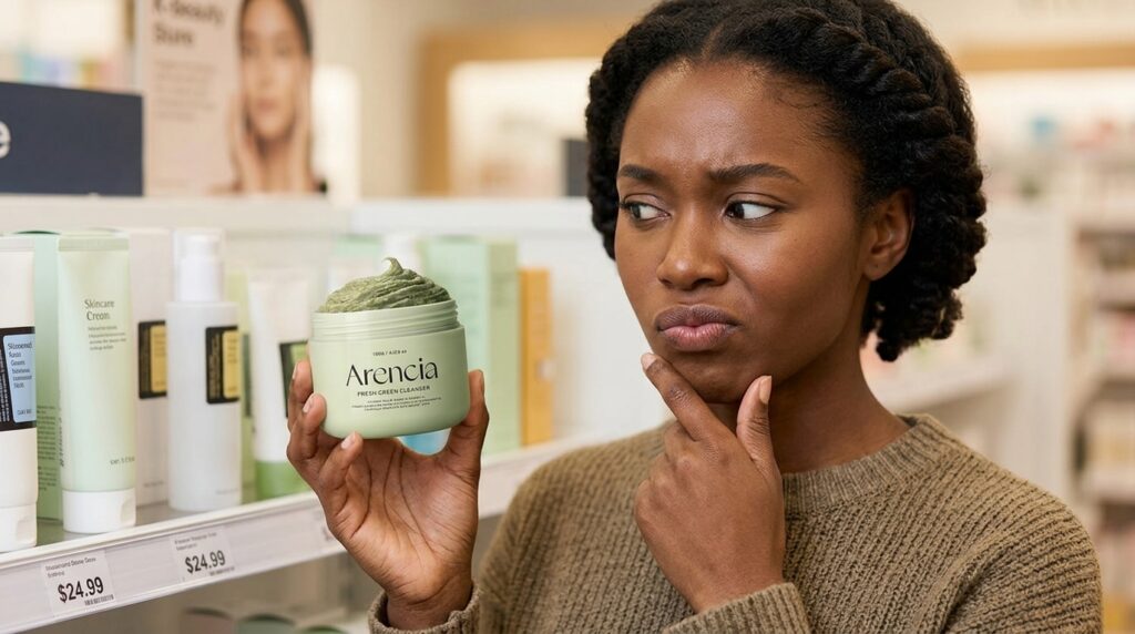 Image showing lady wondering if the Arencia Mochi Cleanser is worth her money