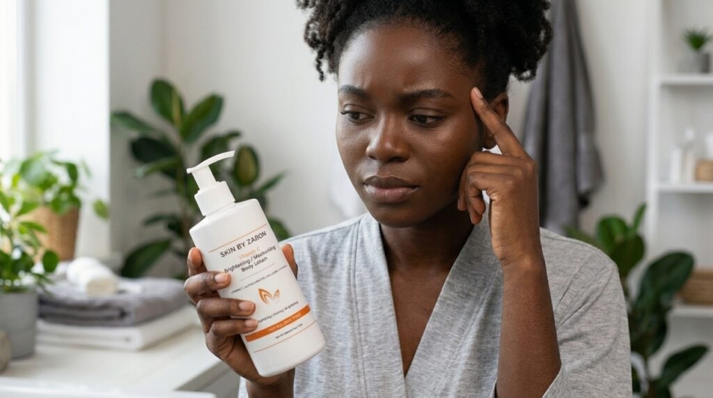 Image showing a lady wondering the hype about the Skin By Zaron Body Lotion