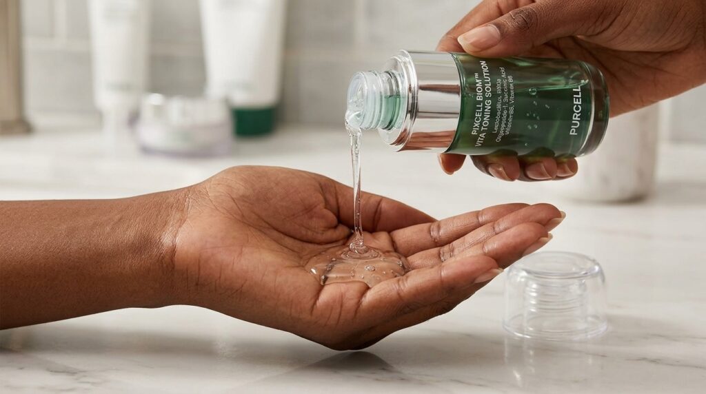 lady using the purcell pixcell biom vita toning solution