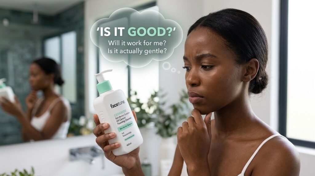 Lady reviewing the Fact Fact Foaming Cleanser purchased at Beauty By Daz