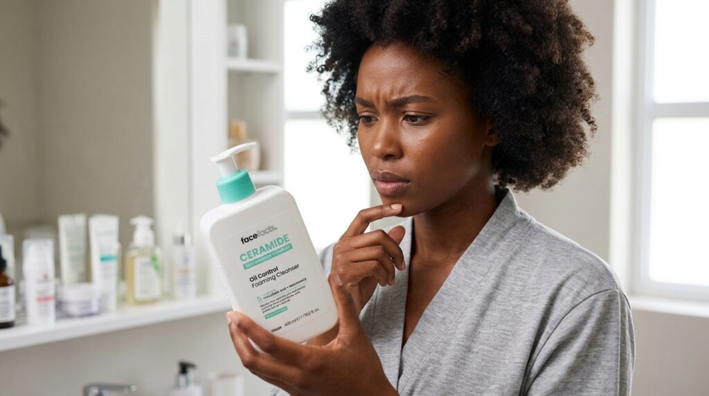 Lady reviewing the Fact Fact Foaming Cleanser purchased at Beauty By Daz