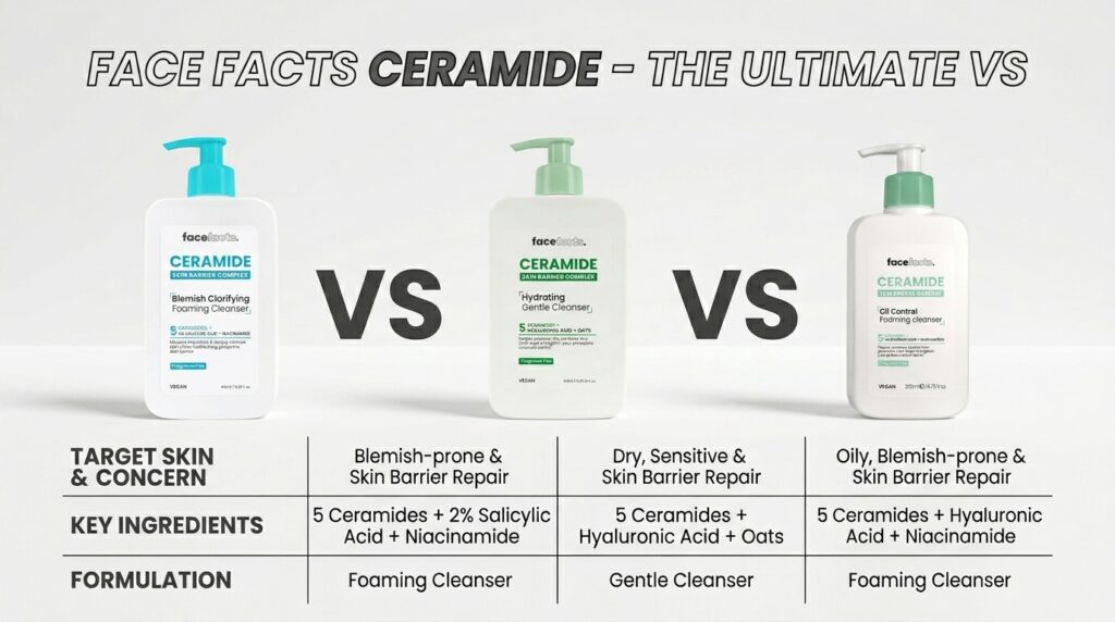 Image showing 3 different Face Fact Ceramide Cleansers available at Beauty By Daz