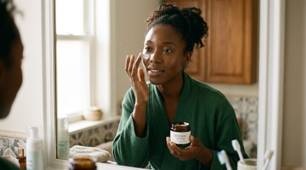 dark skin woman of age 30 applying anti aging cream on her face
