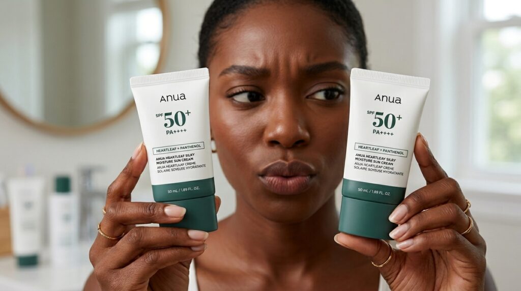image showing a dark skin woman wondering which Anua sunscreen is fake