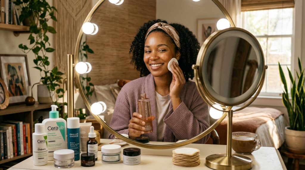 lady learning how to layer skincare products