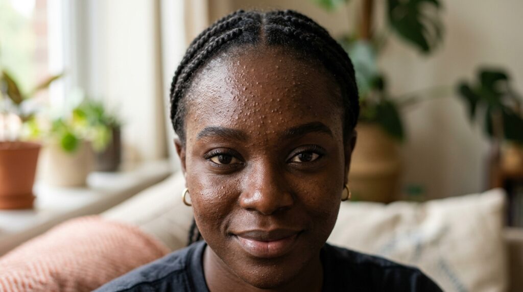 image showing tiny even sized bumps on the forehead of a girl as a sign of fungal acne