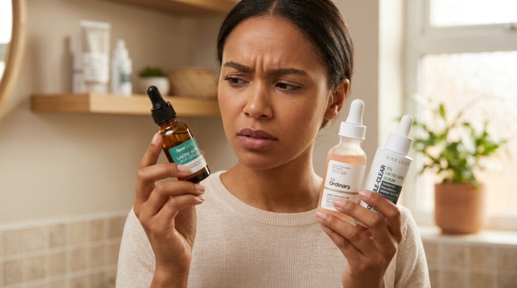 lady holding up lactic acid serums available at Beauty By Daz