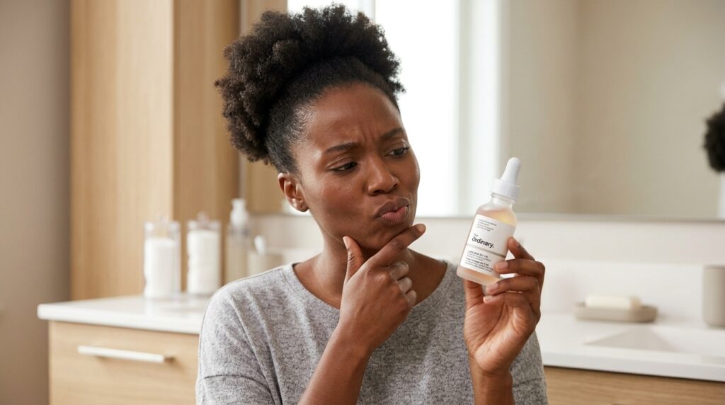 woman wondering how much the ordinary lactic acid costs in Nigeria