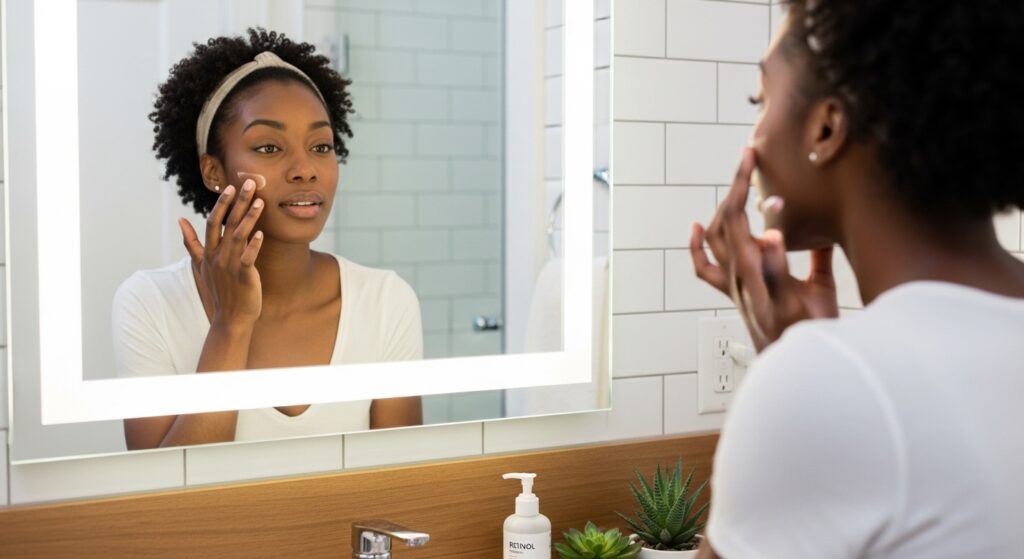 lady applying retinol in a mirror
