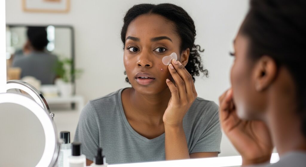 a lady using pimple patches bought at Beauty By Daz
