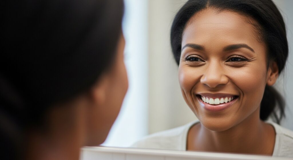 woman above 30 looking in the mirror