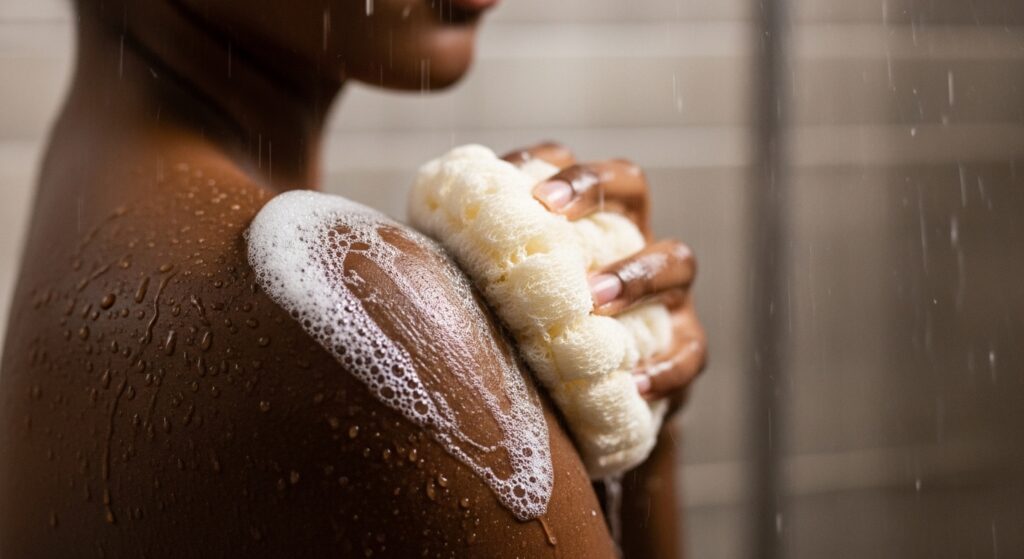image of a lady using one of the brightening body washes recommended by Beauty By Daz