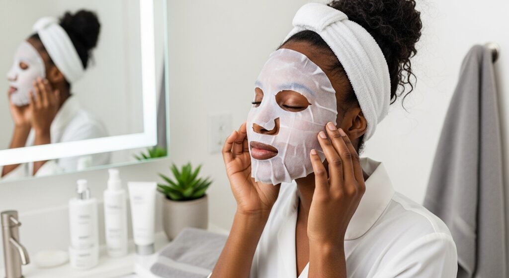 a lady using a sheet face mask in Nigeria purchased at Beauty By Daz