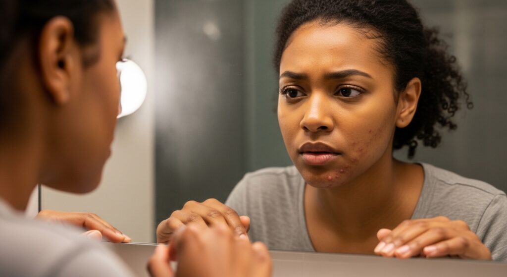 lady looking at hormonal acne in the mirror