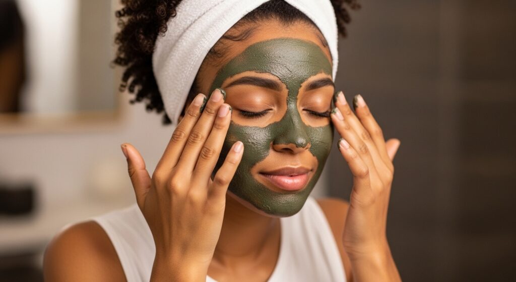 lady applying mud mask purchased at Beauty By Daz