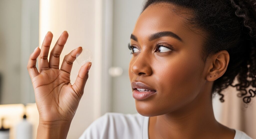 lady holding up a pimple patch wondering what it is