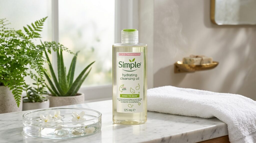 Image showing a bottle of the Simple Hydrating Cleansing Oil which is available at Beauty By Daz