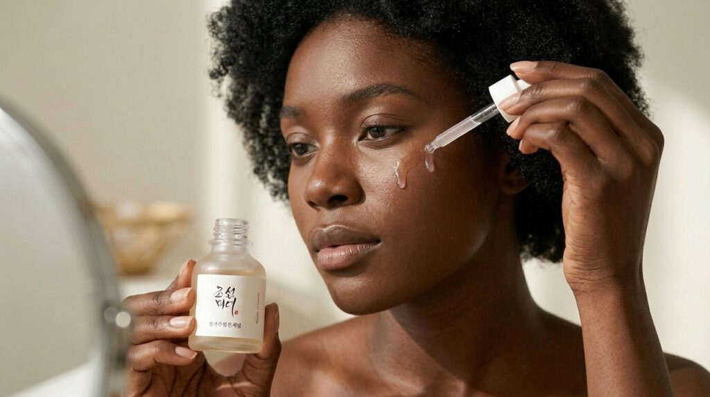Dark skin woman applying serum for Beauty of Joseon Glow Deep Serum Review