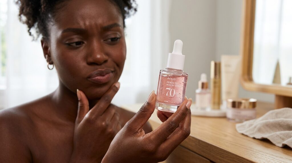 lady reveiwing the anua peach 70 niacin serum