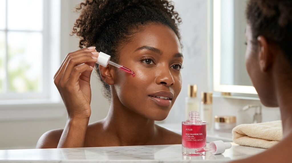 image showing a lady using the anua niacinamide serum bought at Beauty By Daz