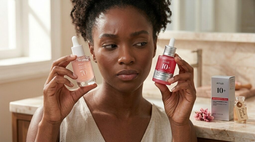 image showing a woman holding the Anua Peach and the Anua 10% niacinamide