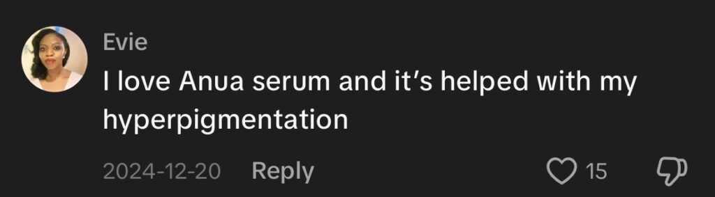 Image showing a TikTok review of the Anua Peach 70 Niacin Serum