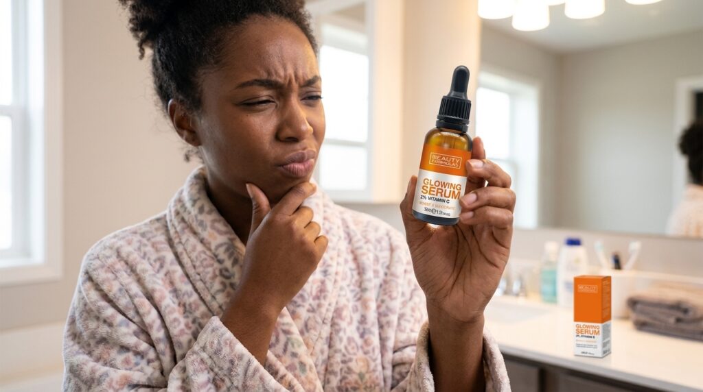 image showing a woman trying to decide if she should use the Beauty Formulas Vitamin C serum