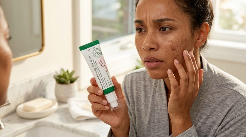 Image showing a woman using the AXIS-Y Dark Spot correcting glow serum after reading Beauty By Daz’s AXIS-Y dark spot serum review.