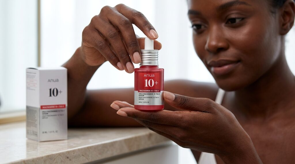 image showing a lady using the anua niacinamide serum bought at Beauty By Daz
