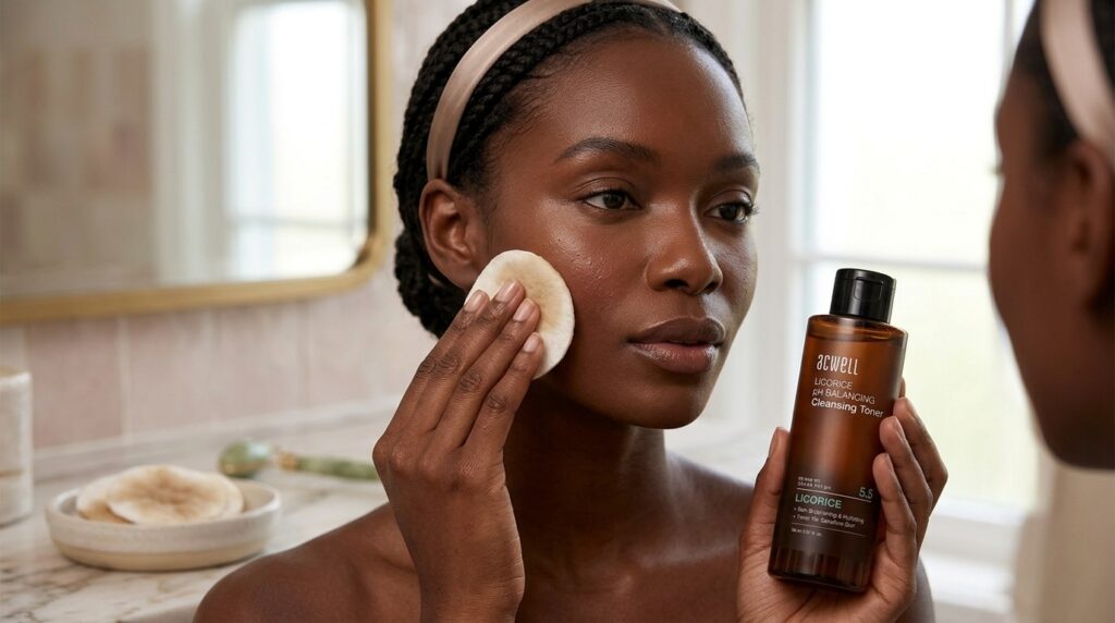 Image showing a lady applying the acwell toner available at Beauty By Daz