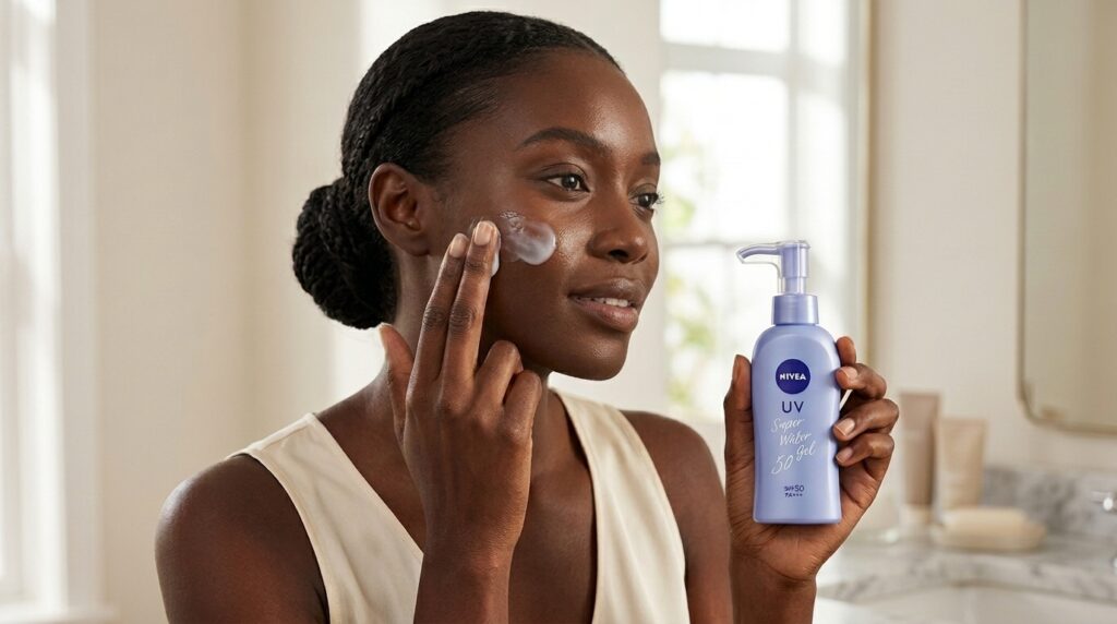Image showing a lady using the Nivea sunscreen available at Beauty By Daz