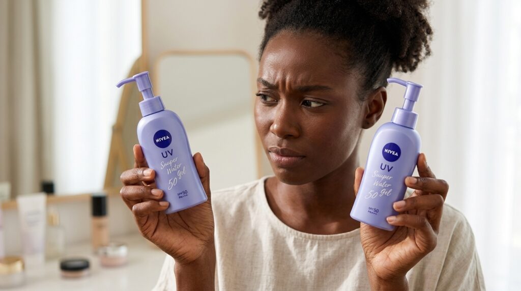 image showing a lady confused about which is the real nivea sunscreen