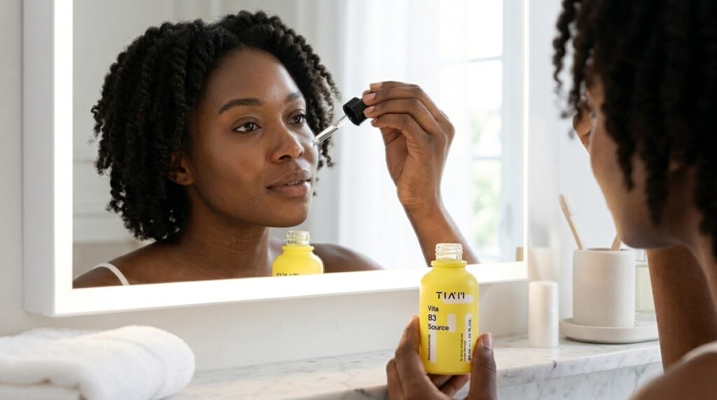 Image showing a dark skin woman using the Tiam vita b3 source for dark spots
