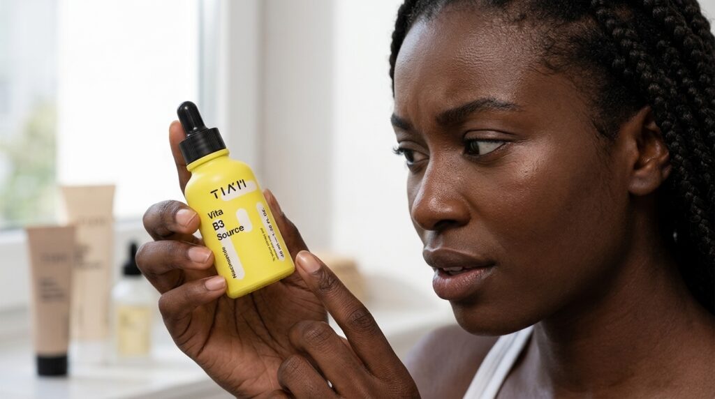 Image showing a dark skin lady scrutinizing the Tiam Vita B3 Source