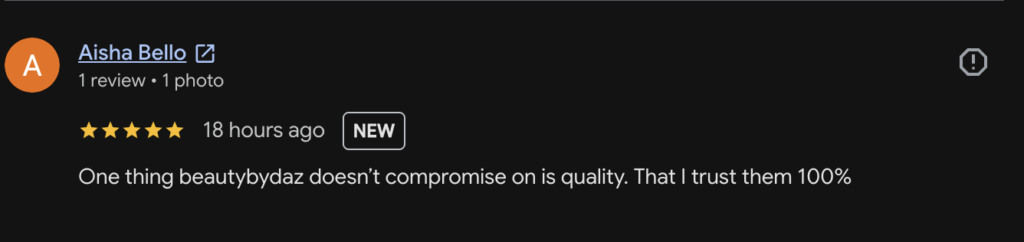 Image showing a review stating that Beauty By Daz has original products