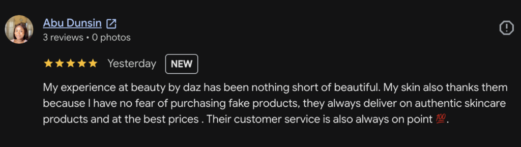 Image showing a positive Beauty by Daz Google Review