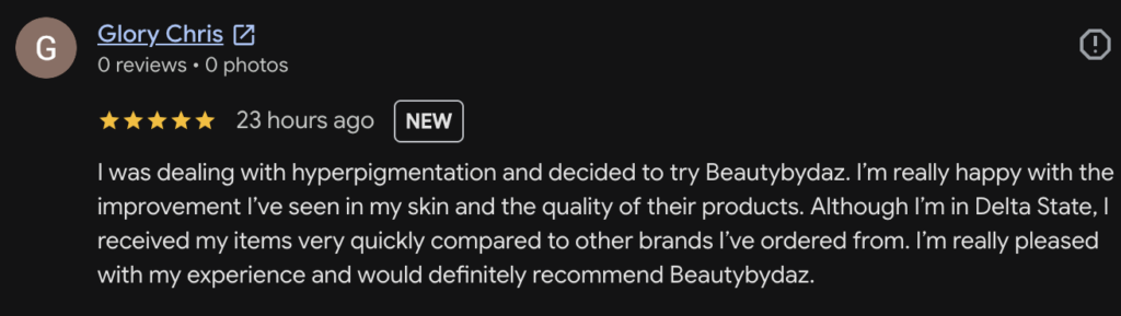 Image showing a positive review from Beauty By Daz