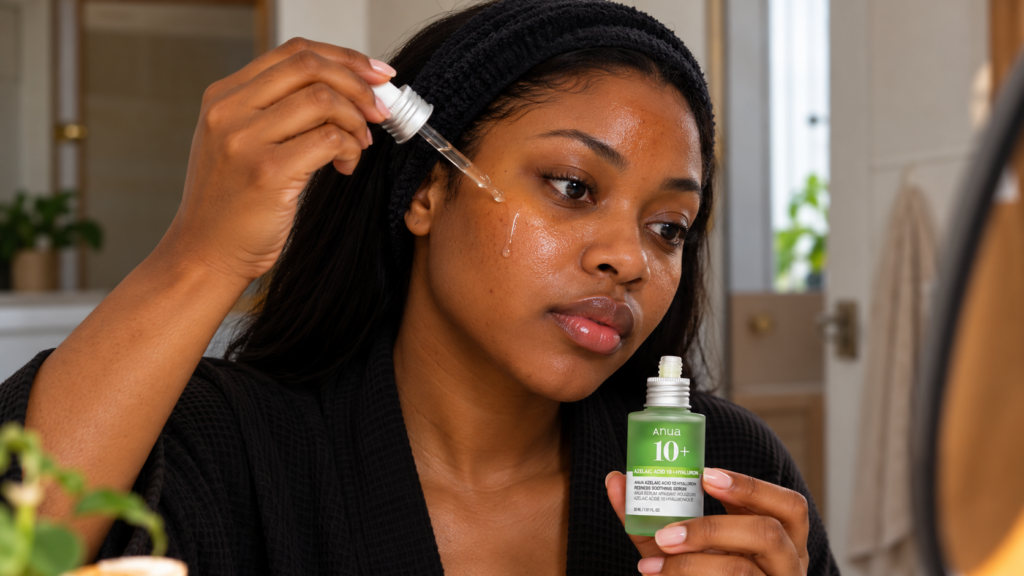 Woman applying Anua Azelaic Acid 10% from Beauty By Daz.