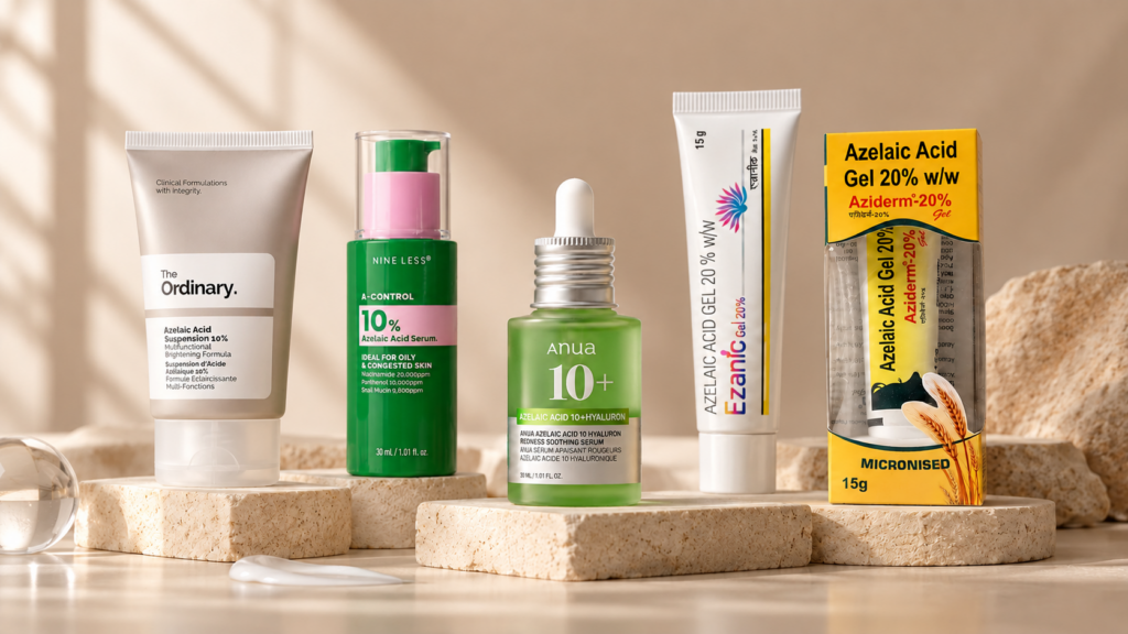 Azelaic acid products available at Beauty By Daz, including The Ordinary, Nineless, Anua, Ezanic and Aziderm
