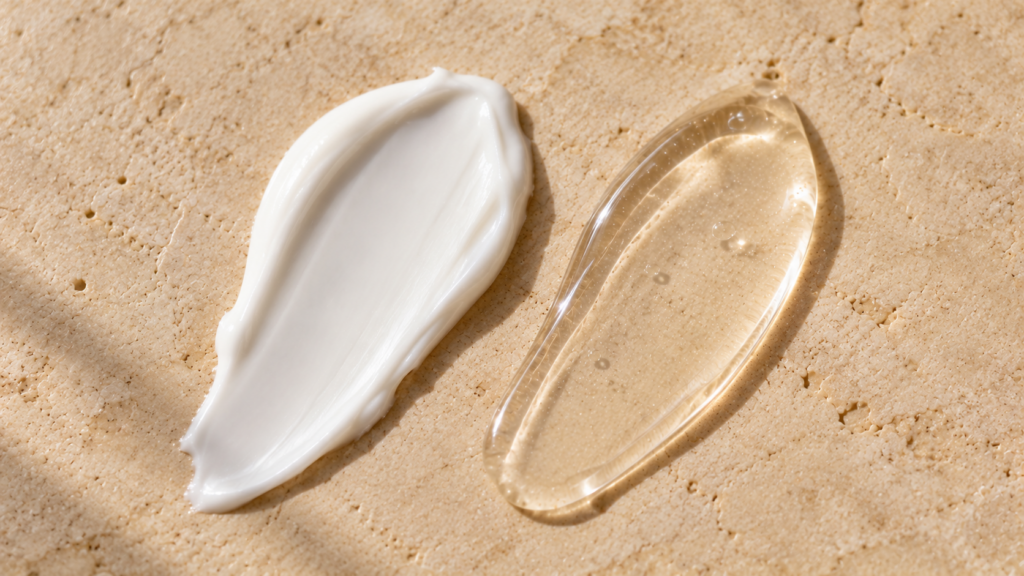 mineral vs chemical sunscreen side by side on a warm beige stone surface.