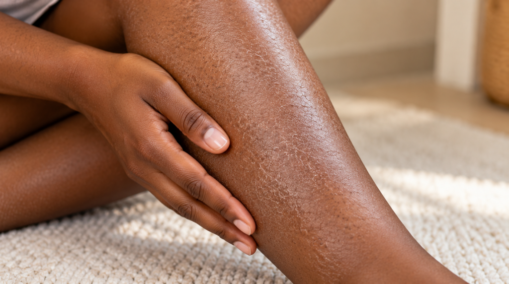 Woman touching visibly dry, flaky skin on her lower leg, illustrating the skin concern addressed by Eucerin Urea Repair PLUS 10% Lotion