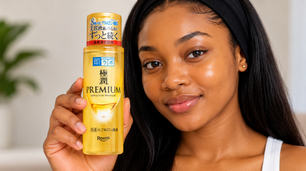 Black woman holding Hada Labo Gokujyun Premium Lotion bottle beside her face.